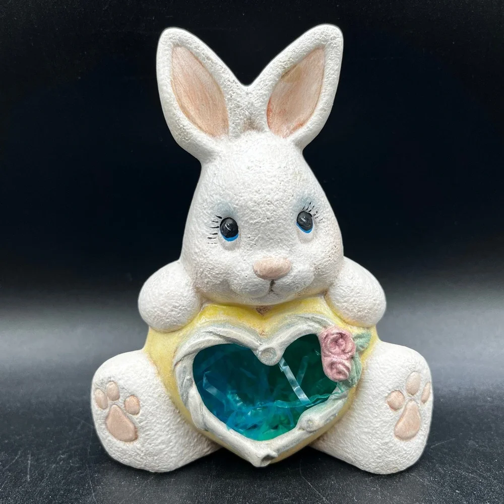 Ceramic Easter Bunny Figurine Heart Cutout White Pink Rose 4.5